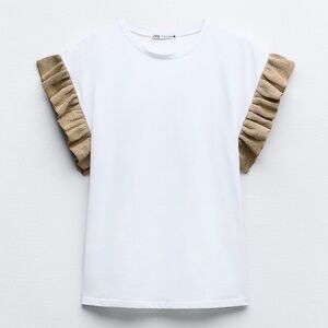 Zara White Cotton Blend Tee Gold Metallic Ruffle Sleeves Size S